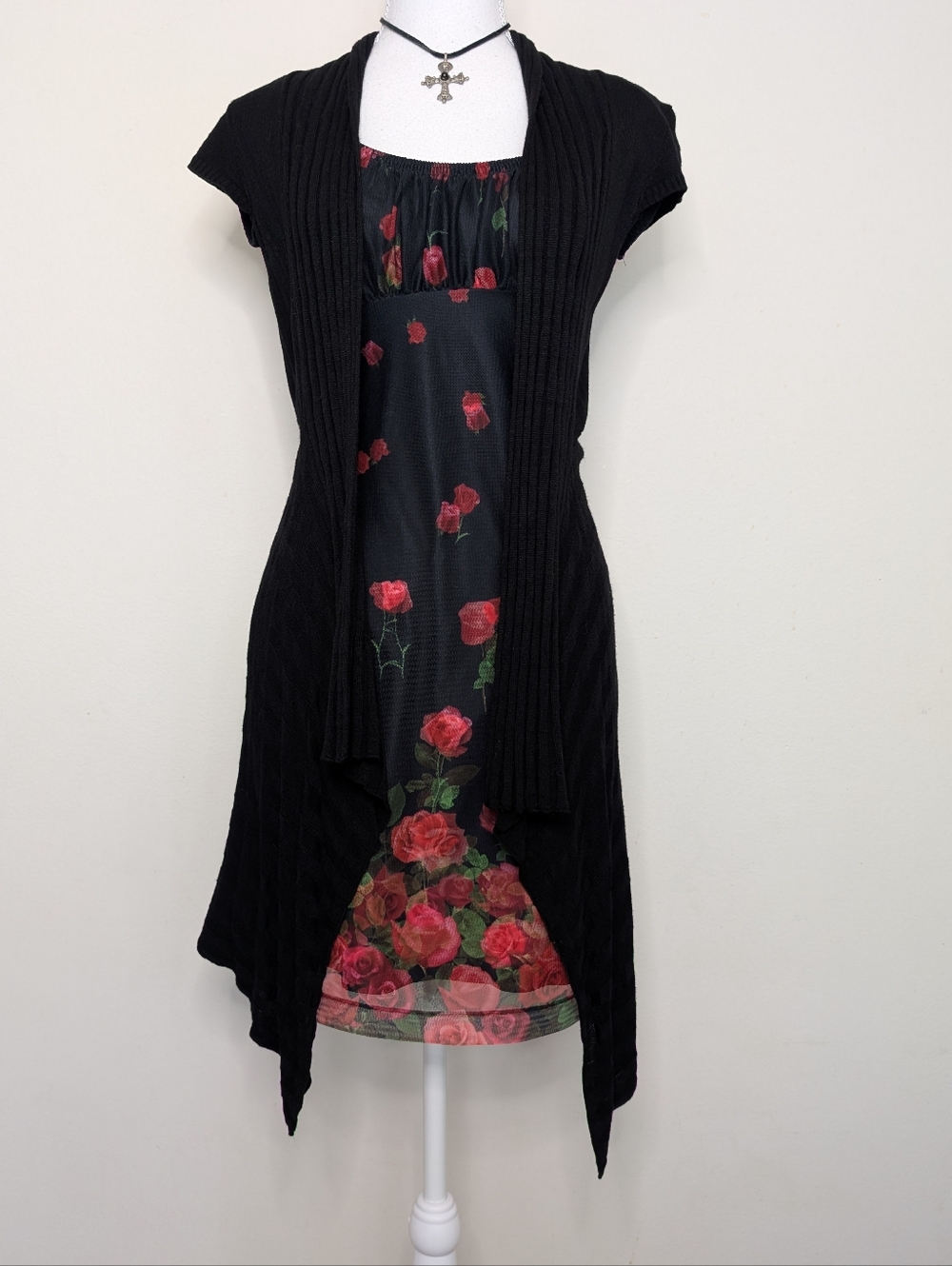 Asymmetrical Hem Open Front Black Knit Cardigan